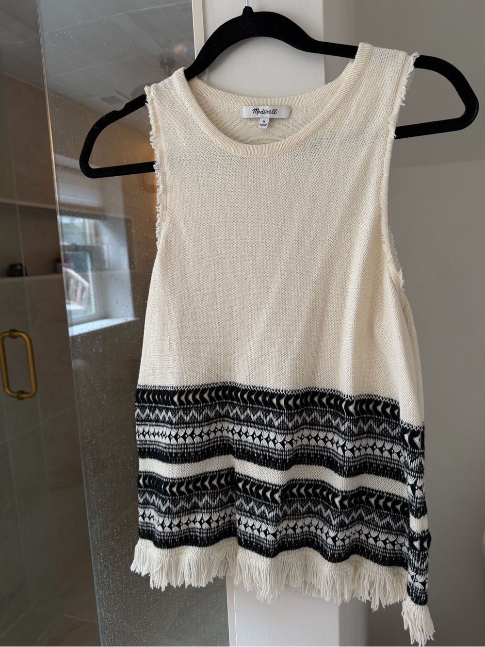 Madewell Cream Sleeveless Knit Tank with Black Geometric Banding